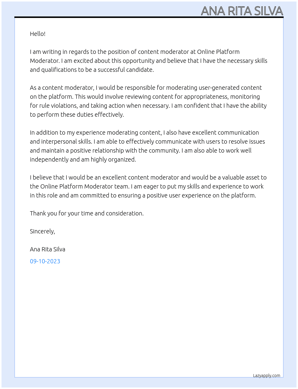 content moderator At Online Platform Moderator Cover Letter