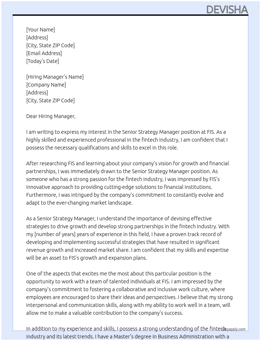 Senior Strategy Manager - Fintech Growth & Financial Partnerships At FIS Cover Letter