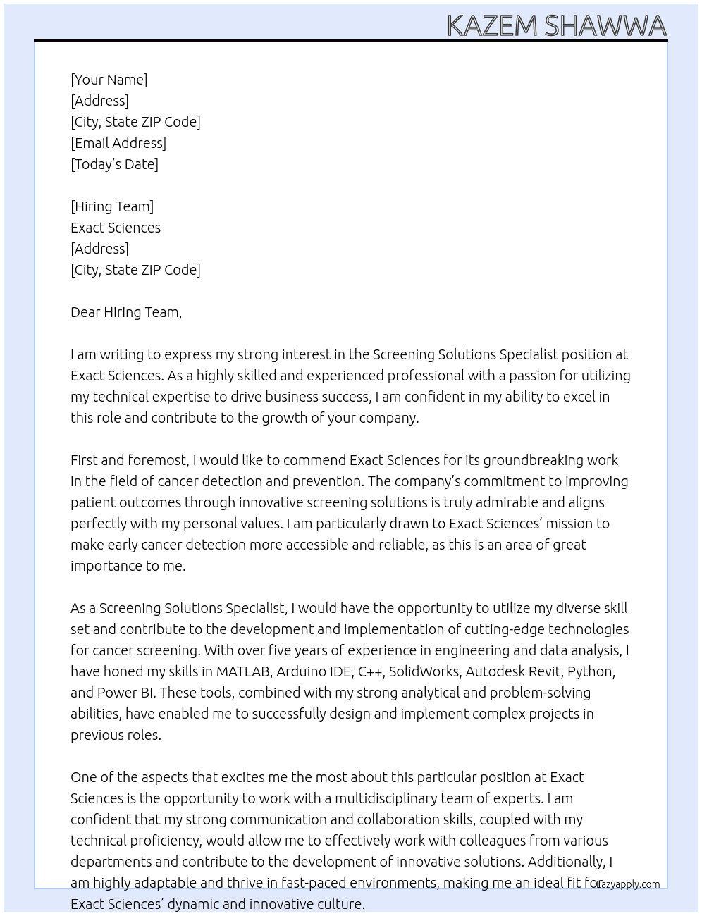 Screening Solutions Specialist  At Exact Sciences Cover Letter