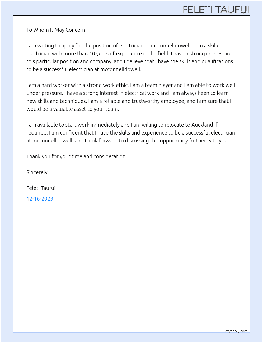 Electrician At mcconnelldowell Cover Letter