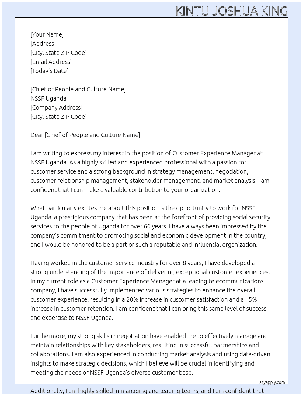 Customer Experience Manager At NSSF Uganda Cover Letter