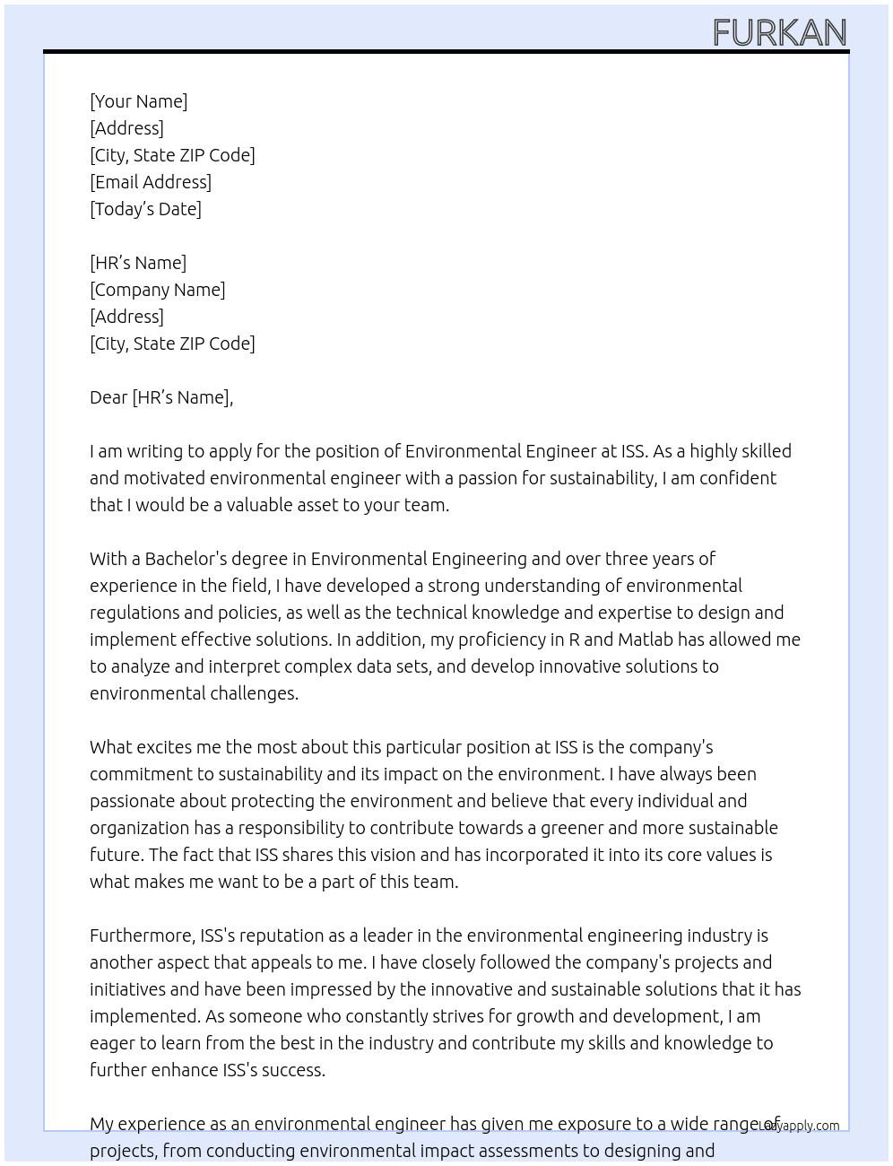 Environmental Engineer At ISS Cover Letter