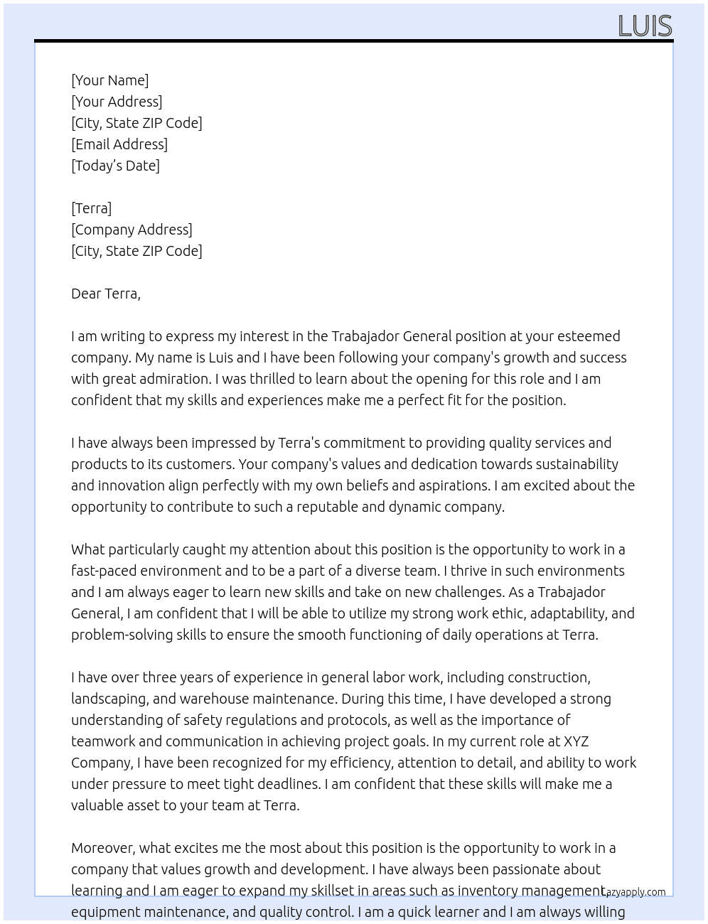 trabajador general At terra Cover Letter