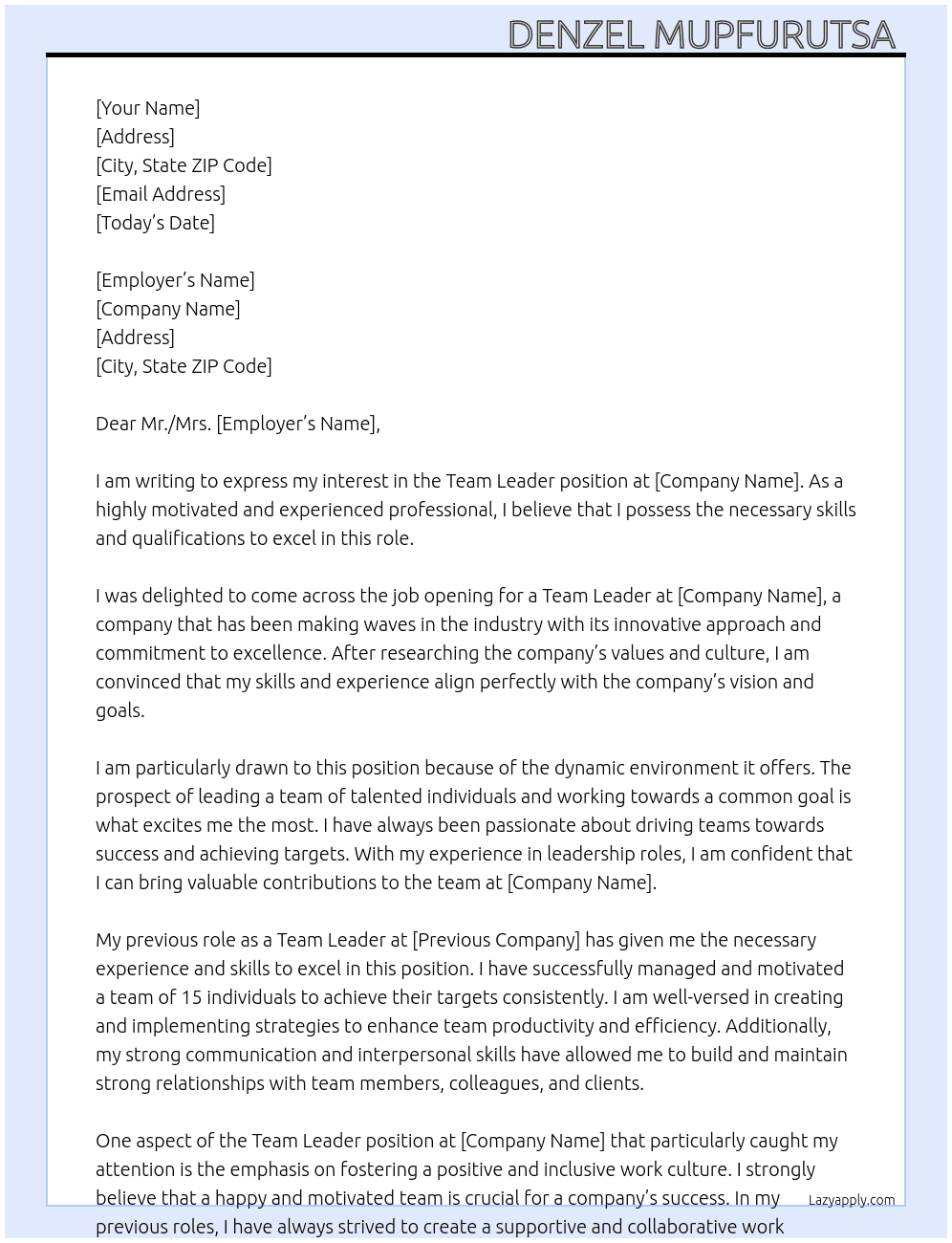 Team leader  At Replacebefore apy Cover Letter