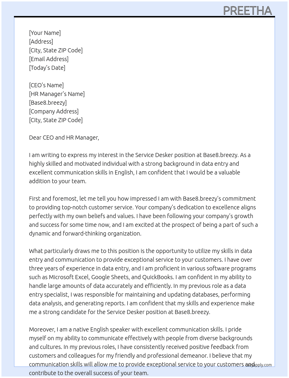 Service desker At Base8.breezy Cover Letter