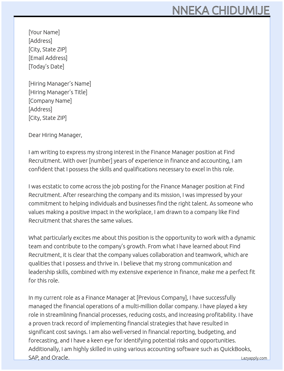 Finance Manager  At Find Recruitment  Cover Letter