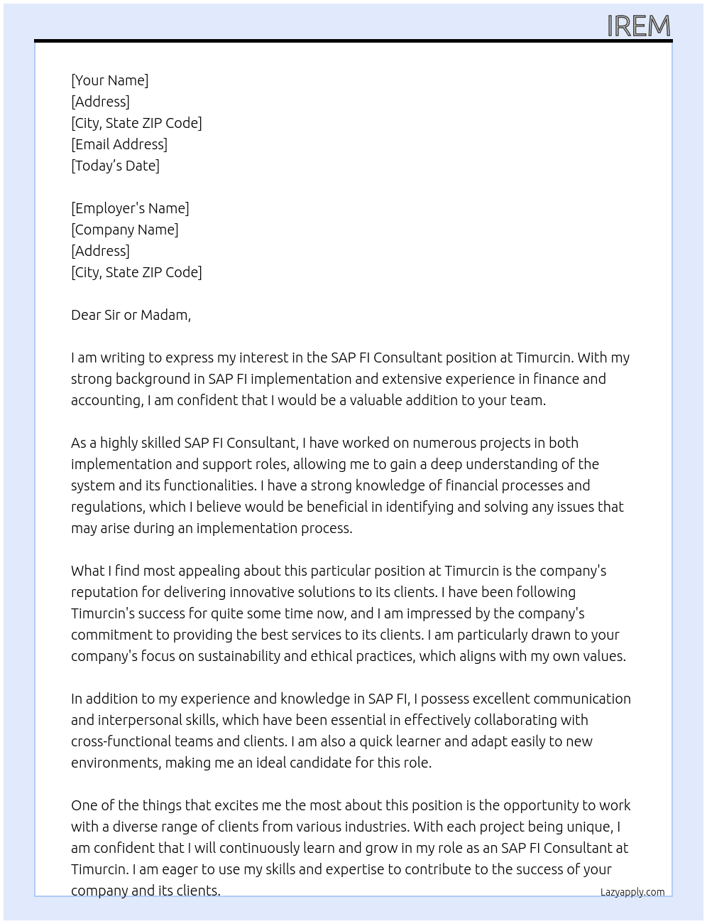 SAP FI Consultant At Timurcin Cover Letter