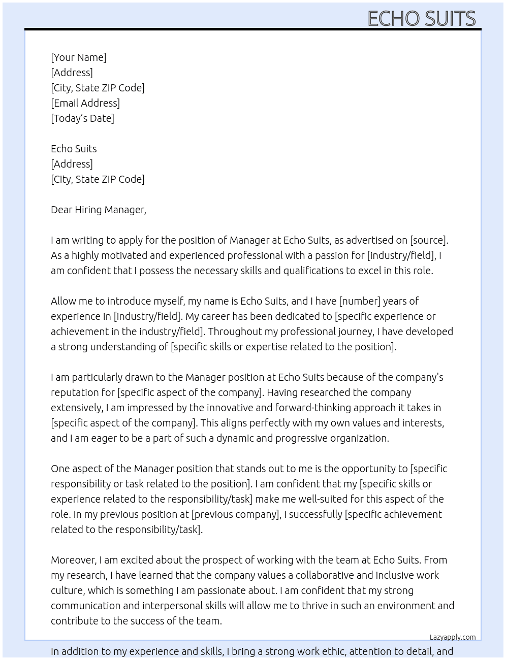 Manager  At Echo suits  Cover Letter