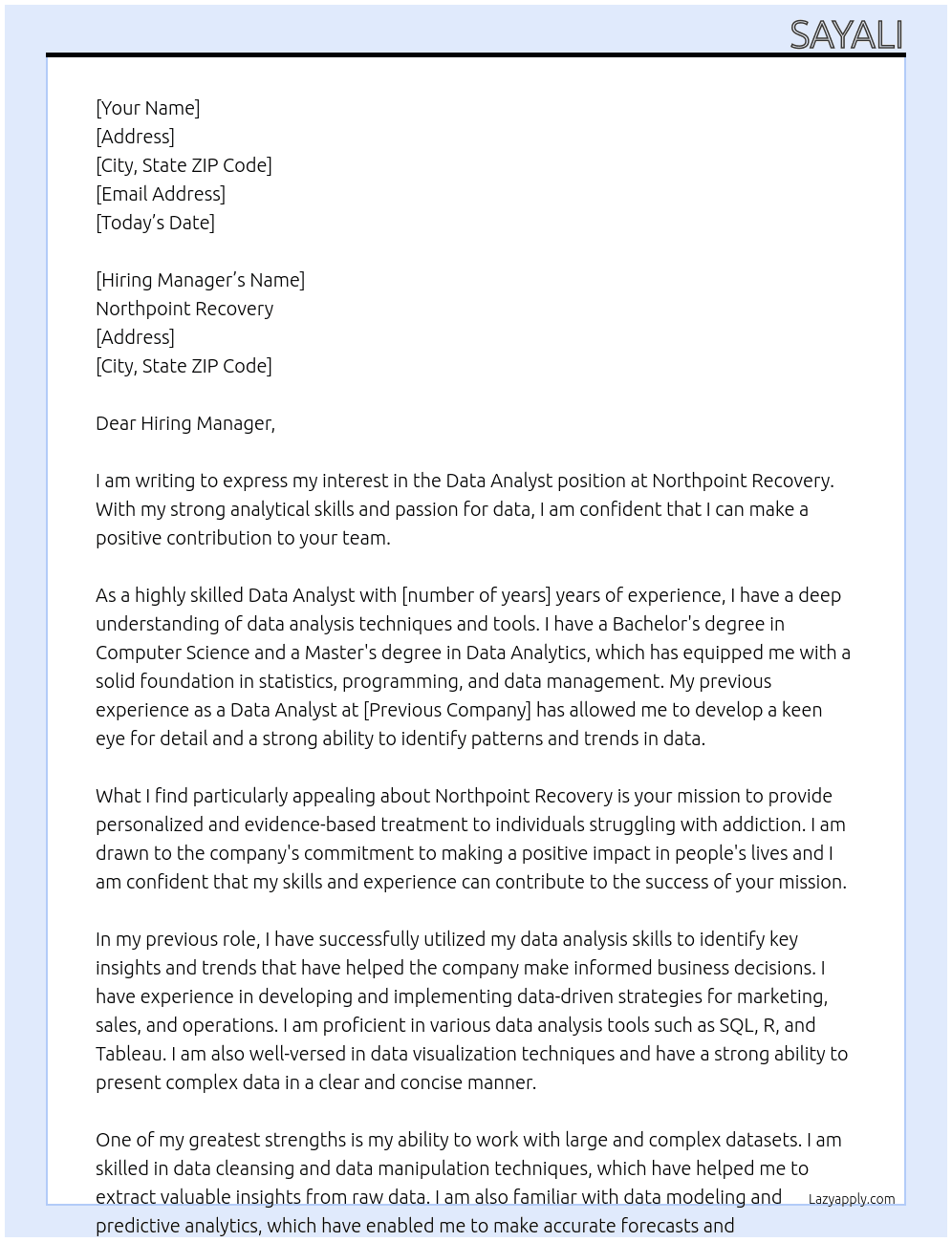 Data Analyst At Northpoint Recovery Cover Letter