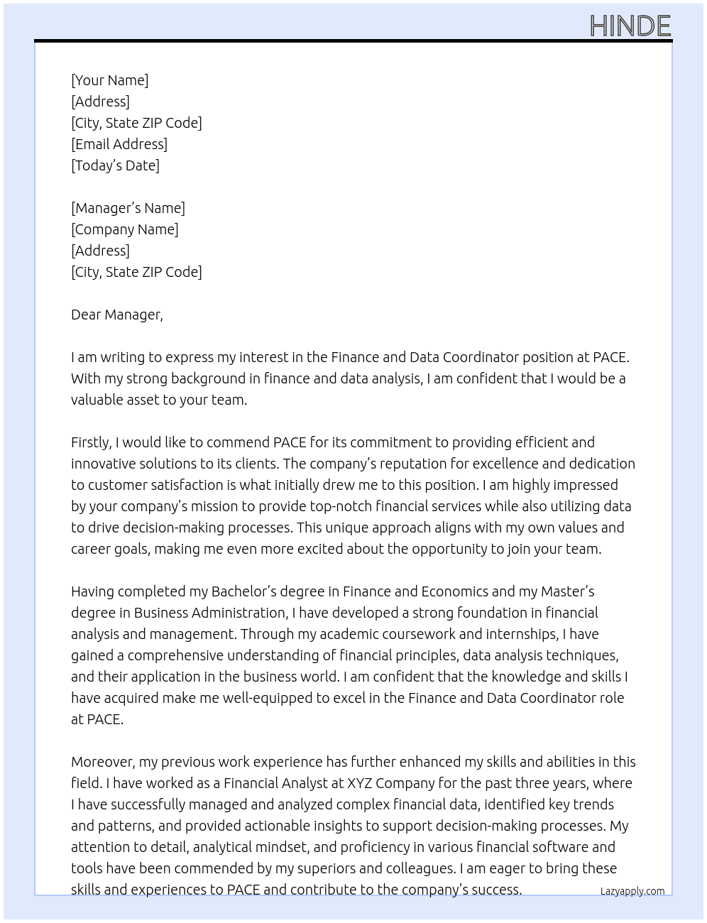 Finance and data coordinator At PACE Cover Letter