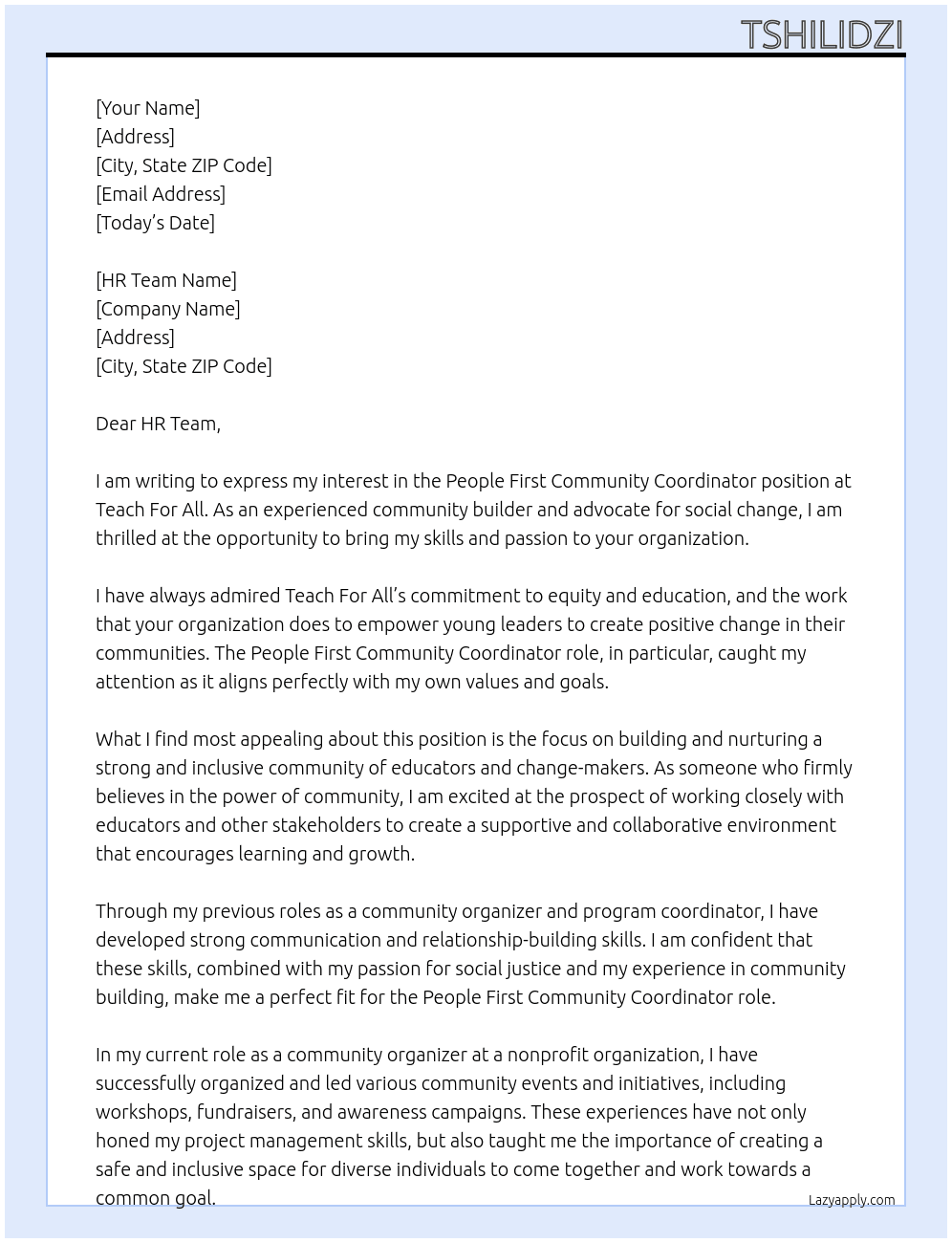 People First Community Coordinator At Teach For All Cover Letter