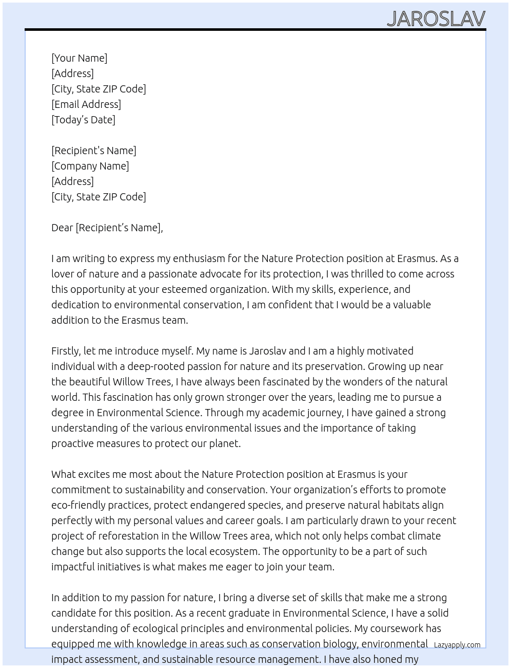 Nature protection At Erasmus Cover Letter