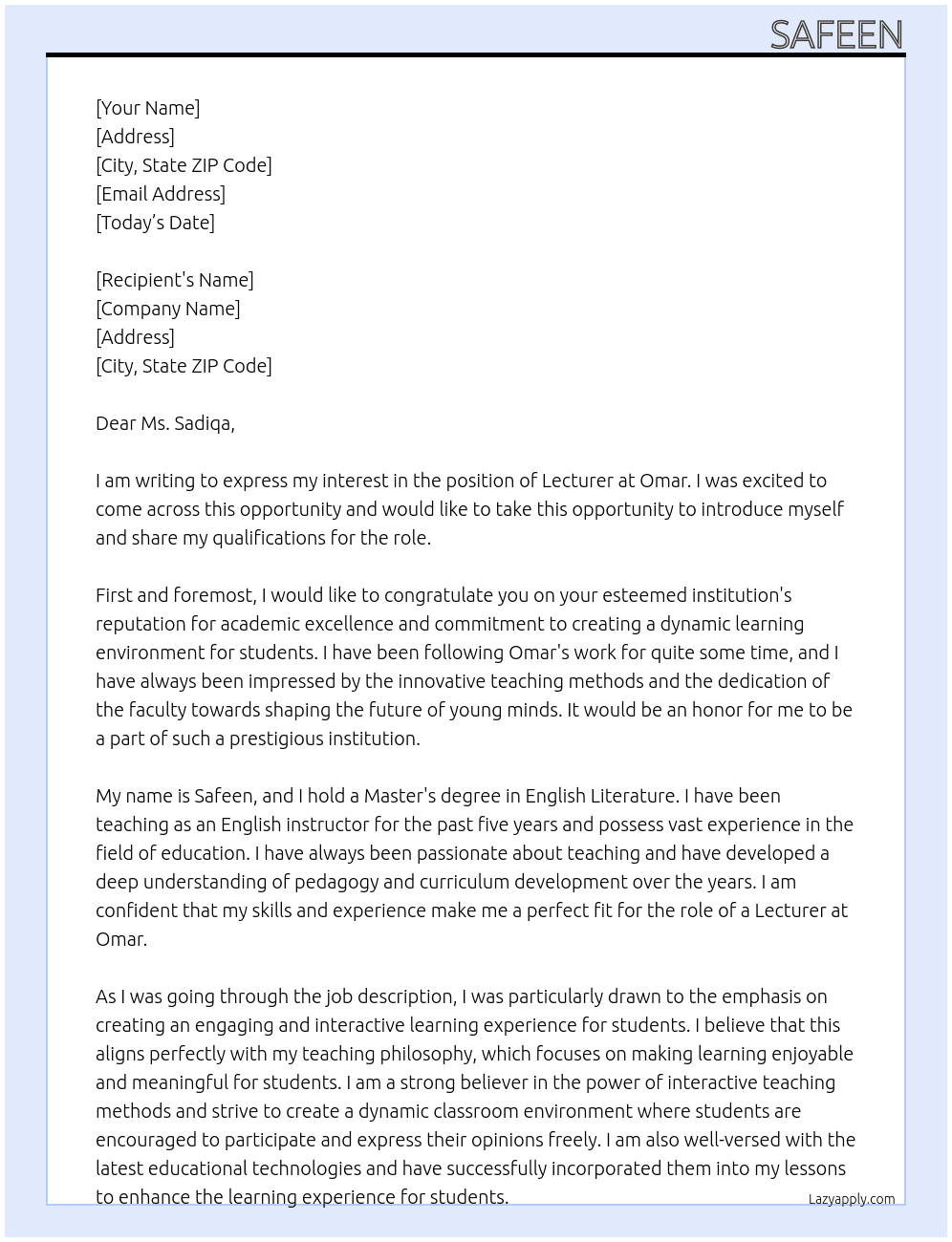 Leecturer At Omar Cover Letter