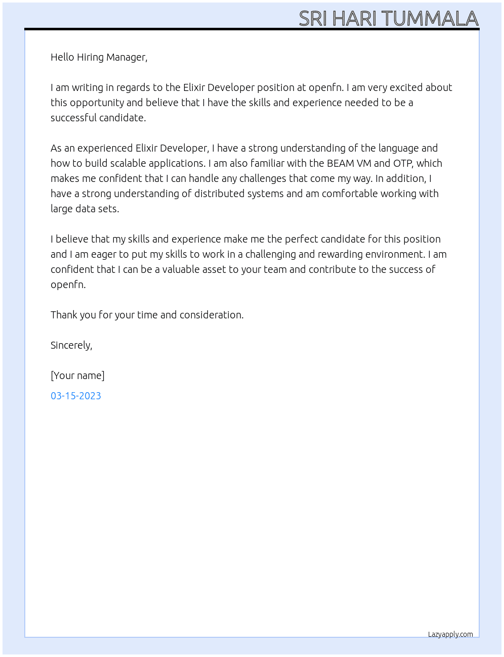 Elixir Developer At openfn Cover Letter