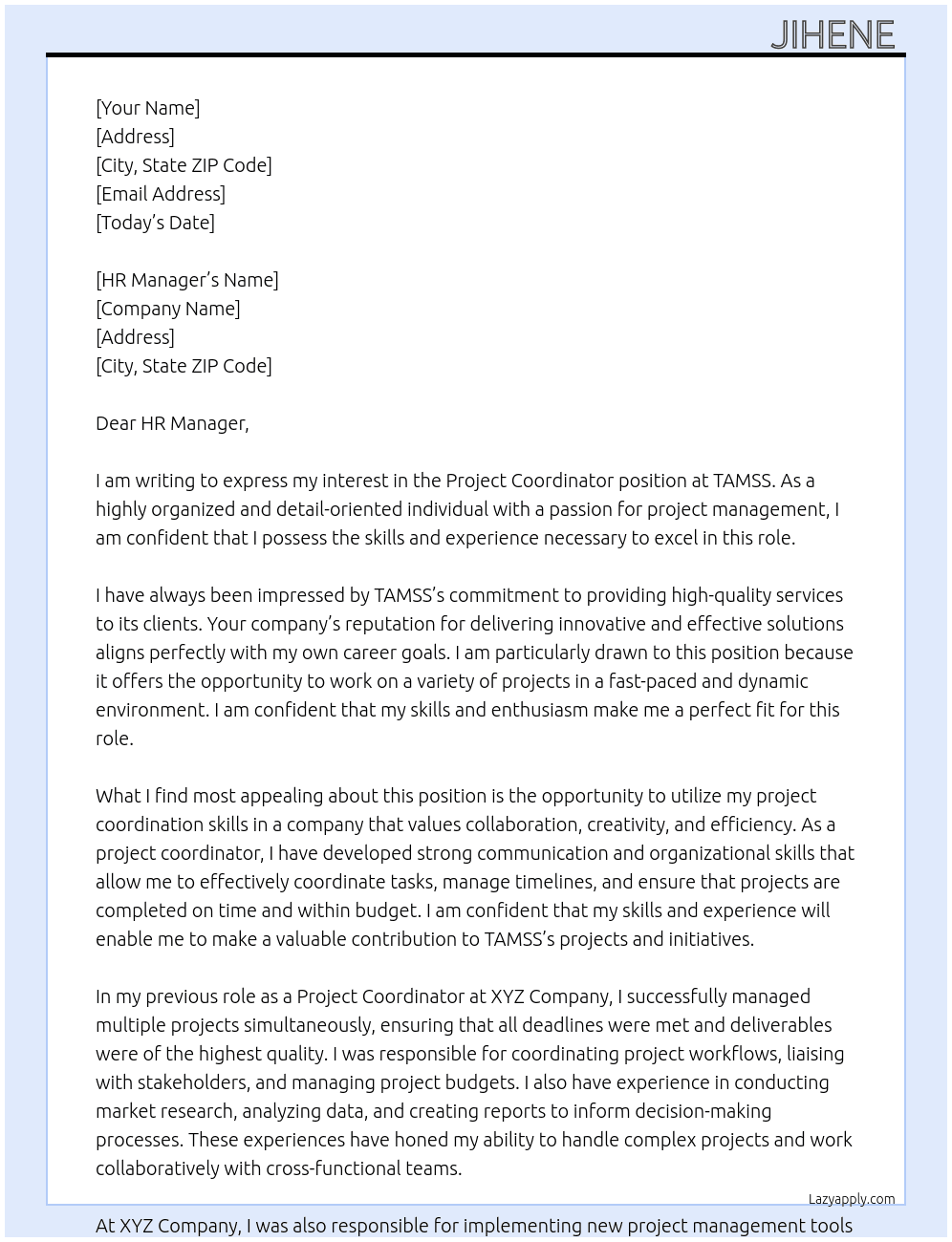 project coordinator  At TAMSS  Cover Letter