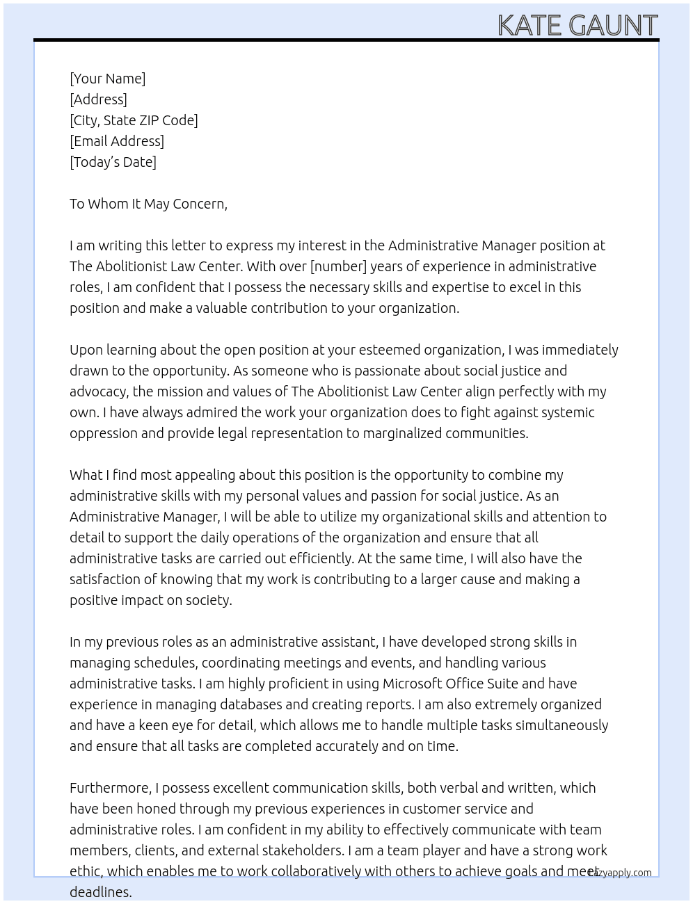 Administrative Manager At The Abolitionist Law Center  Cover Letter