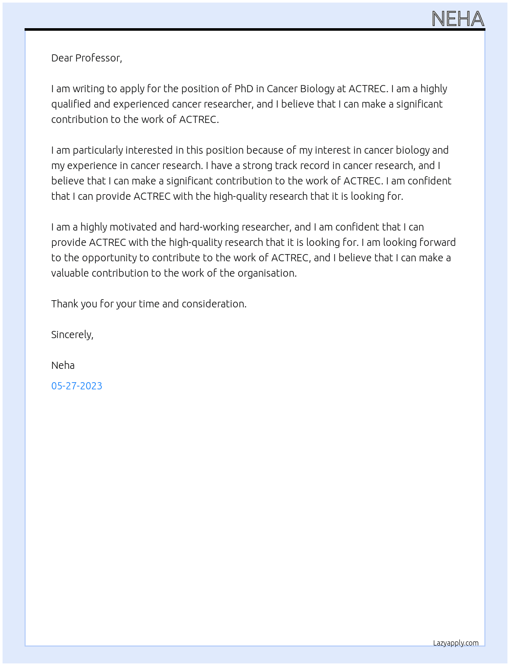 PhD in Cancer biology At ACTREC Cover Letter