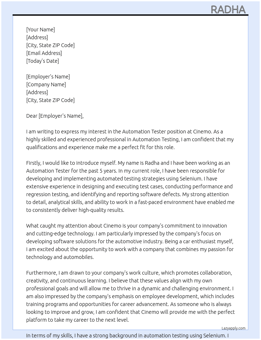 Automation tester  At Cinemo Cover Letter
