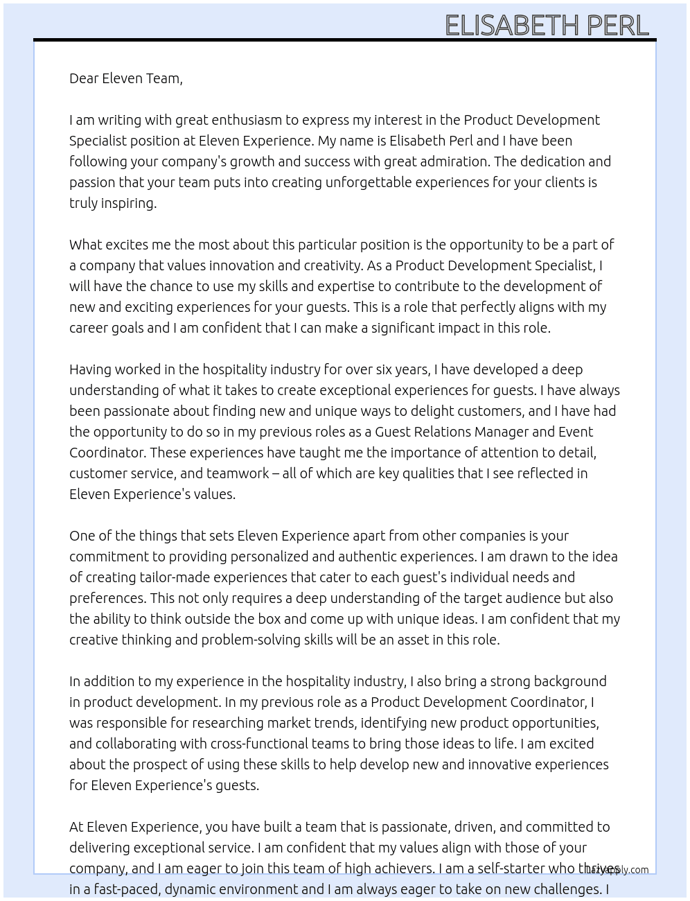 Product Development Specialist At Eleven Experience Cover Letter