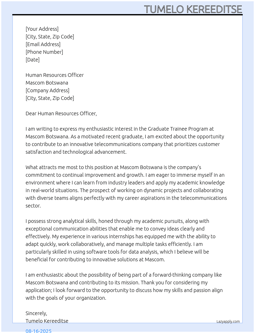 Graduate trainee program At Mascom botswqna Cover Letter