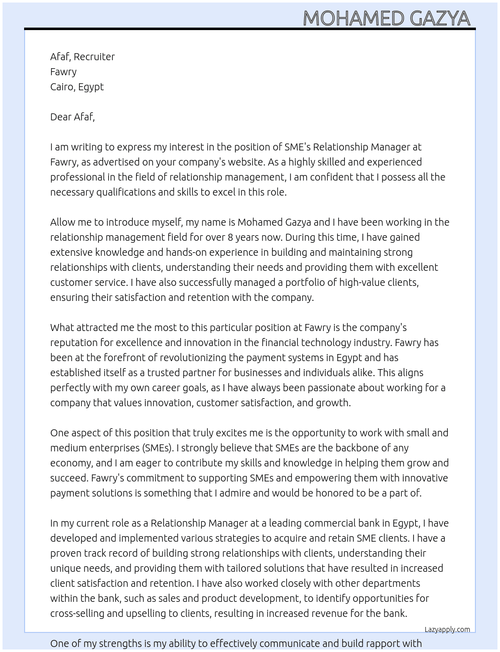 SME's Relationship Manager  At Fawry Cover Letter