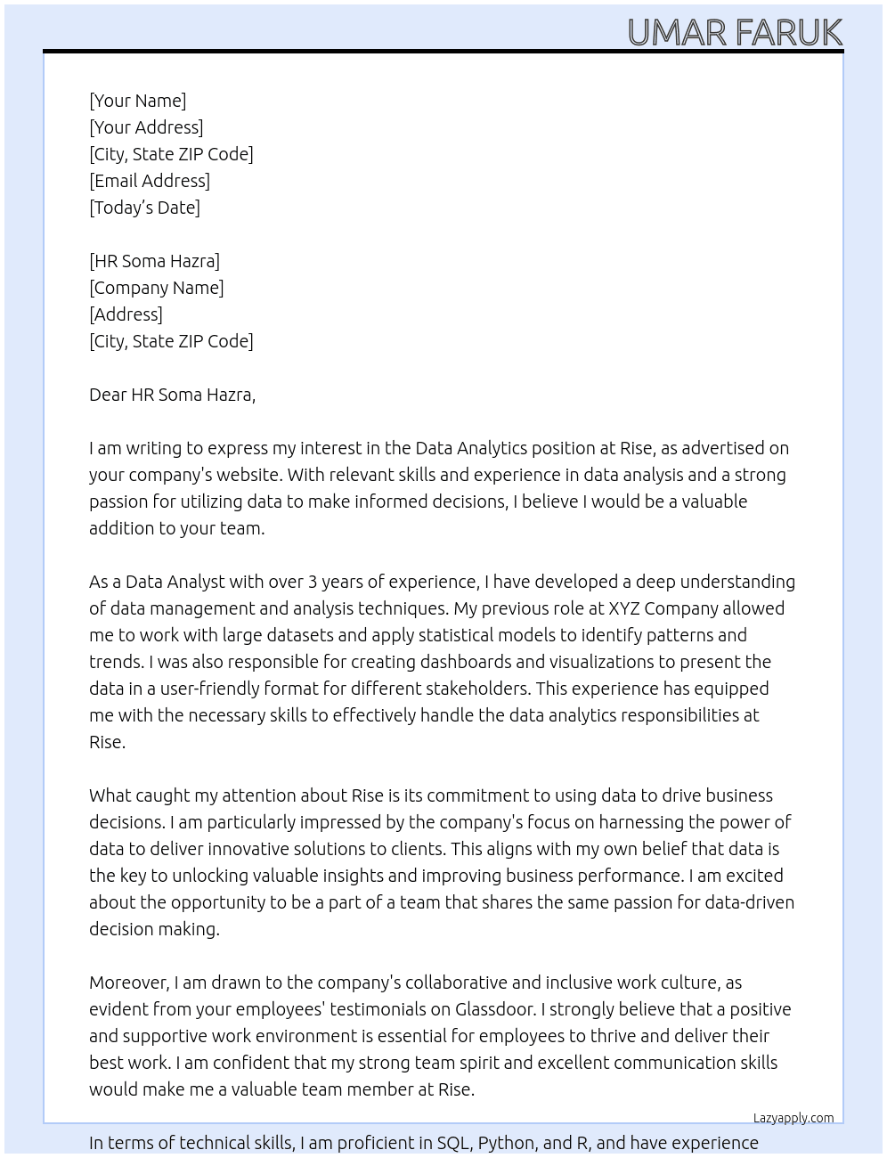 Data Analytics  At Rise Cover Letter