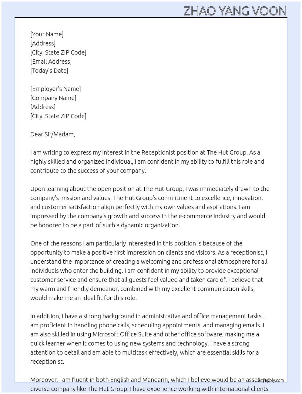 Receptionist At The Hut Group Cover Letter