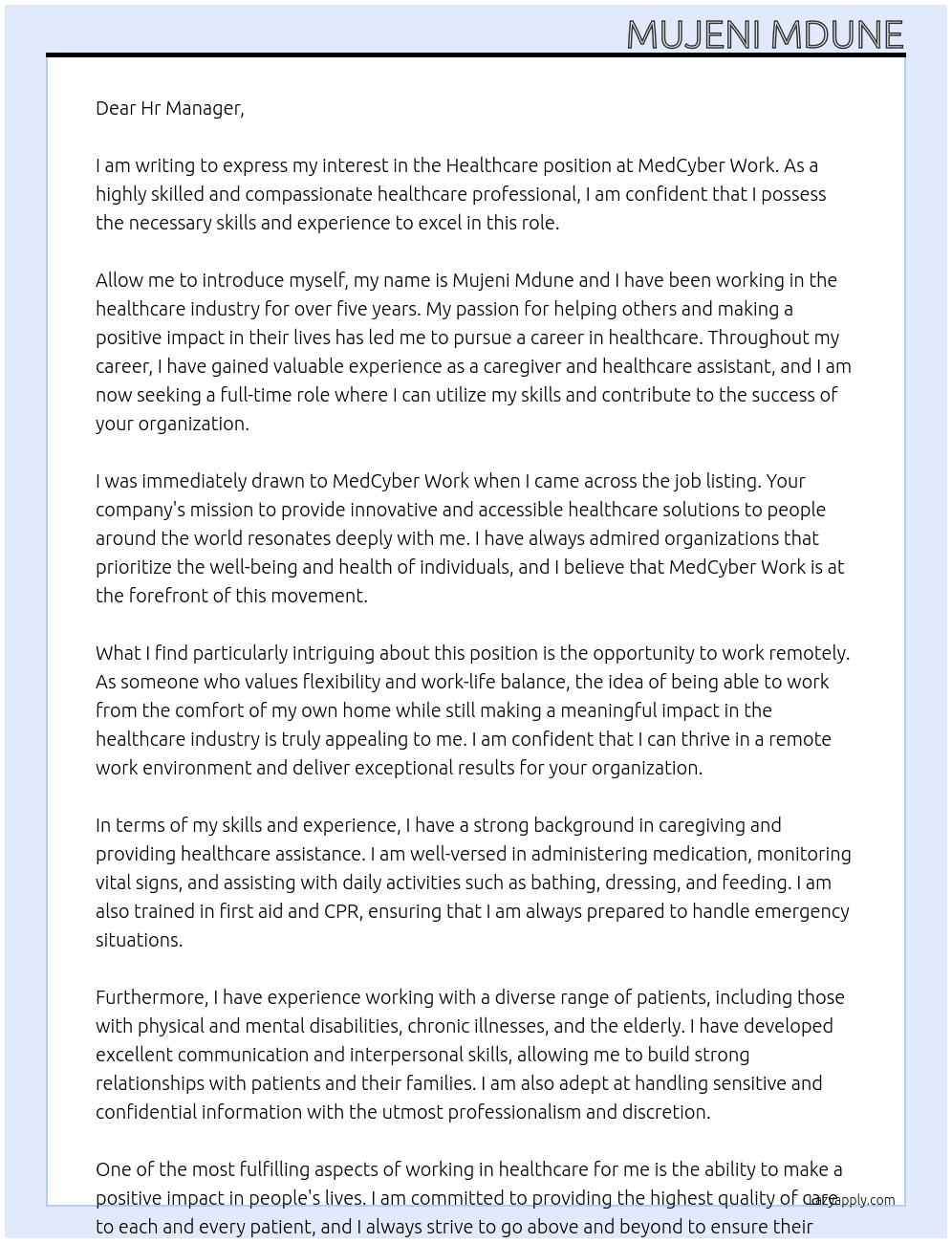Healthcare At MedCyber Work Cover Letter