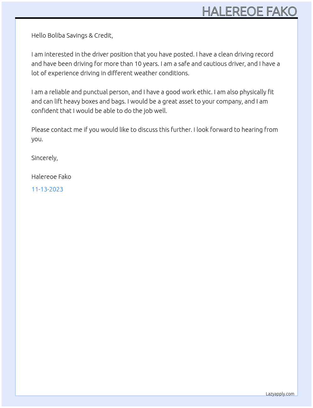 Driver At Boliba Savings & Credit Cover Letter