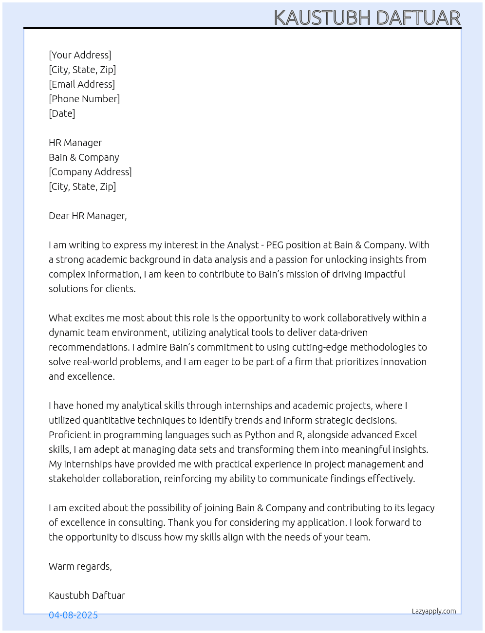 Analyst - PEG At Bain & Company Cover Letter