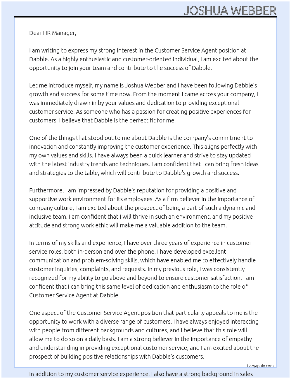 Customer Service Agent At Dabble Cover Letter