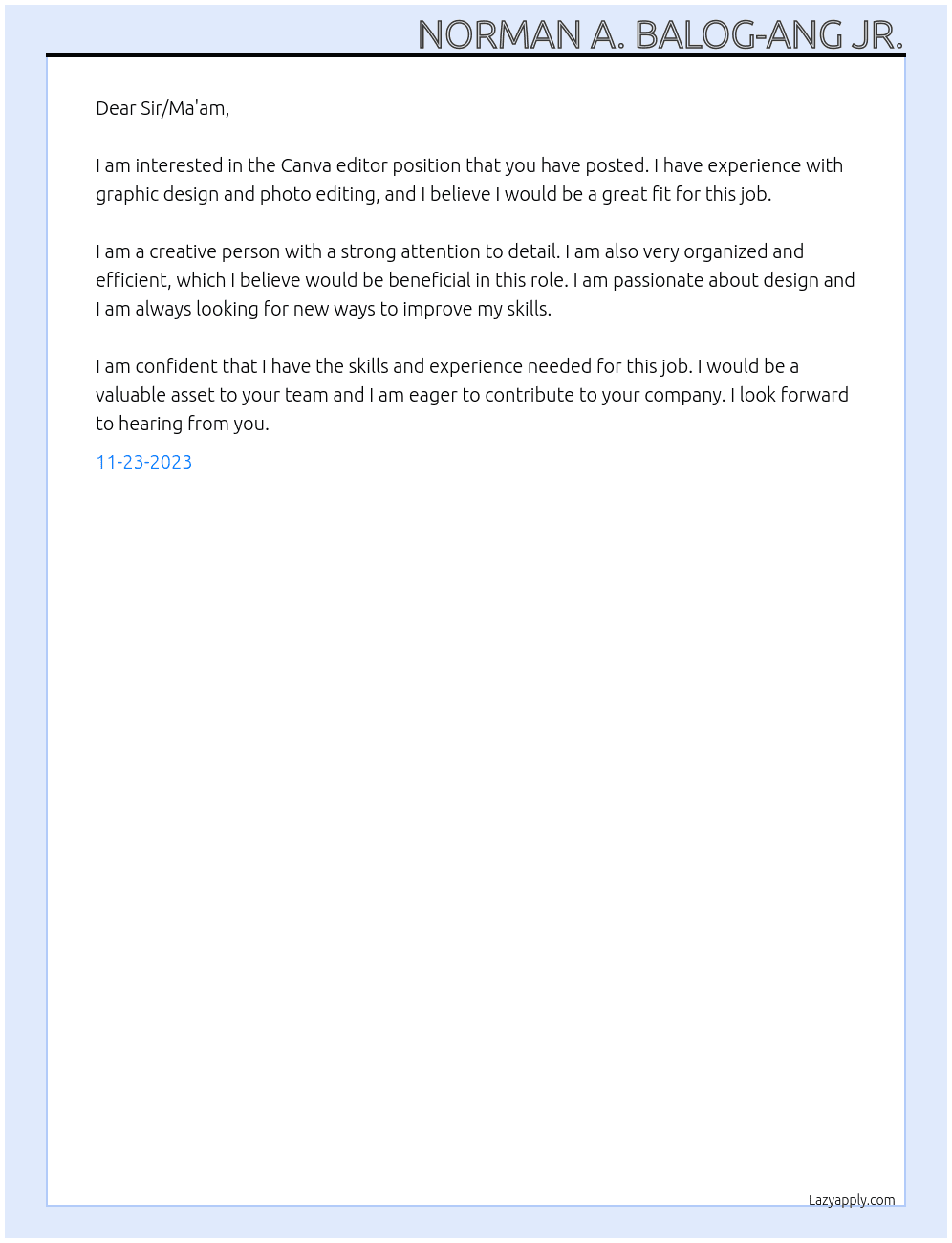 Canva editor At Not mentioned Cover Letter