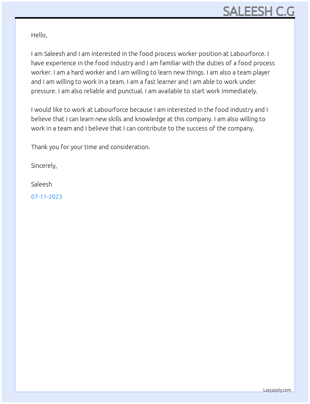 Food process worker At Labourforce Cover Letter