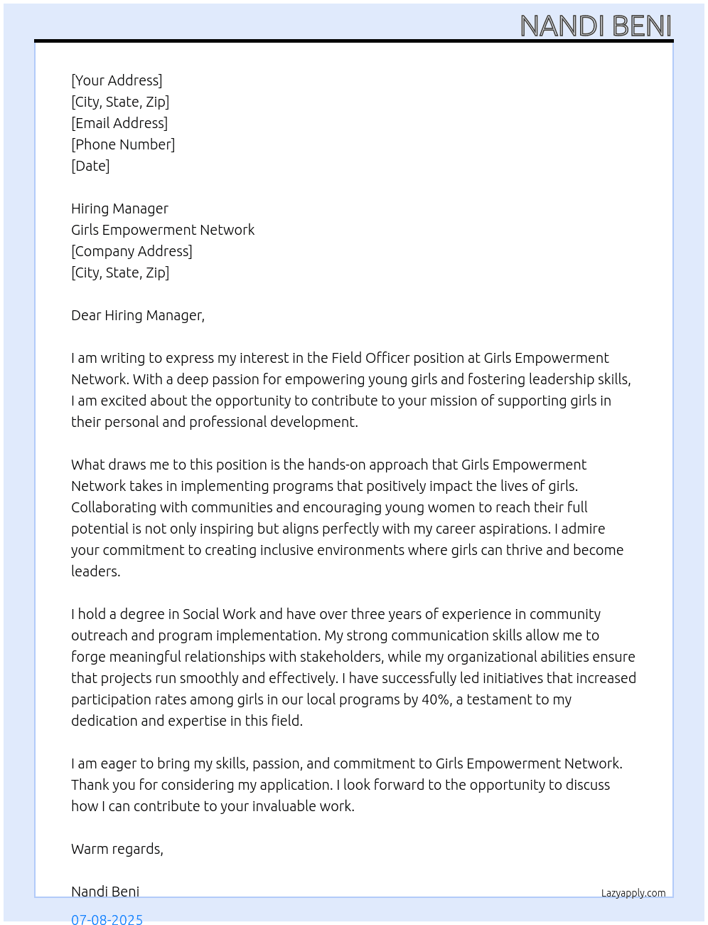 Field officer  At Girls Empowerment Network  Cover Letter