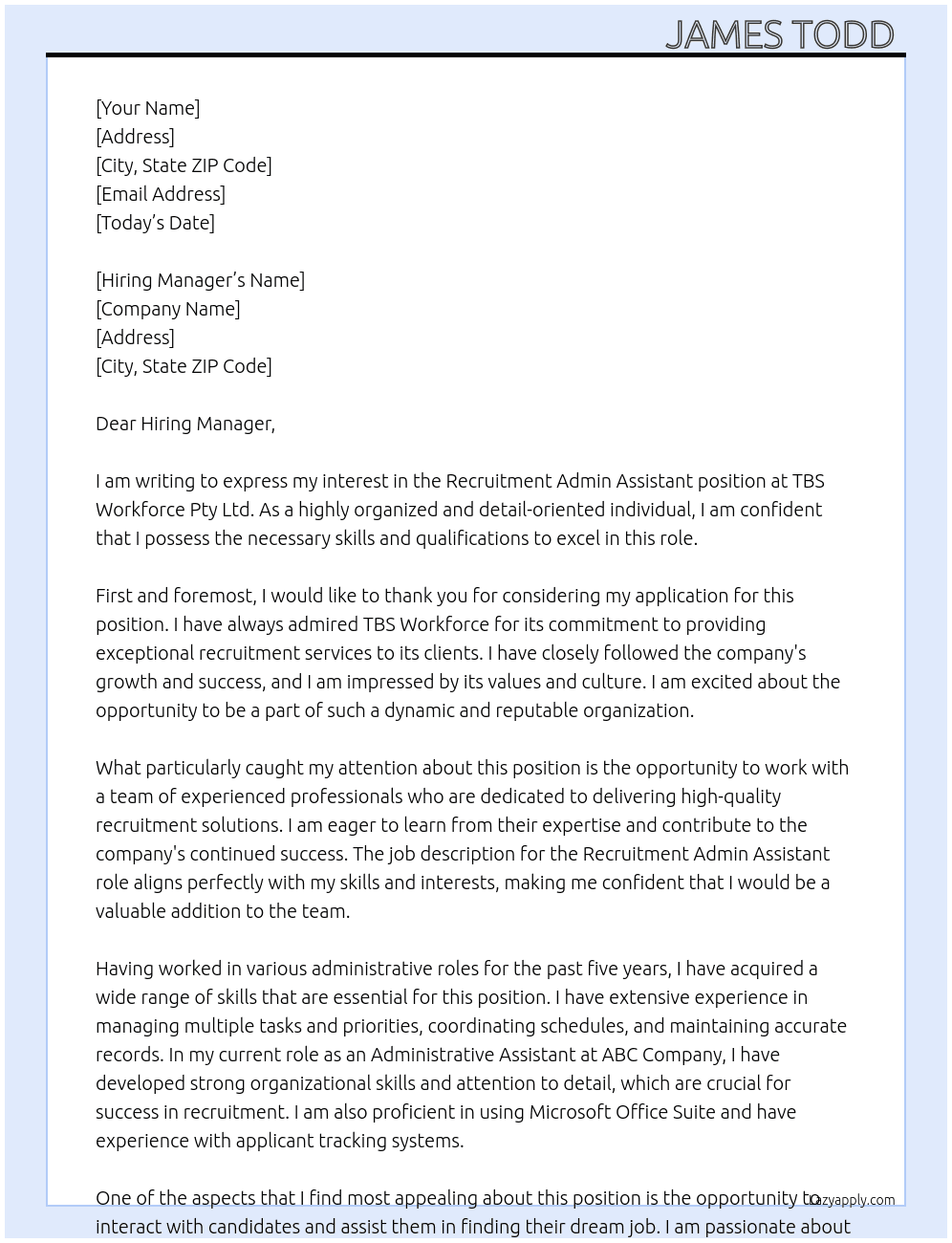 Recruitment Admin Assistant At TBS Workforce Pty Ltd Cover Letter