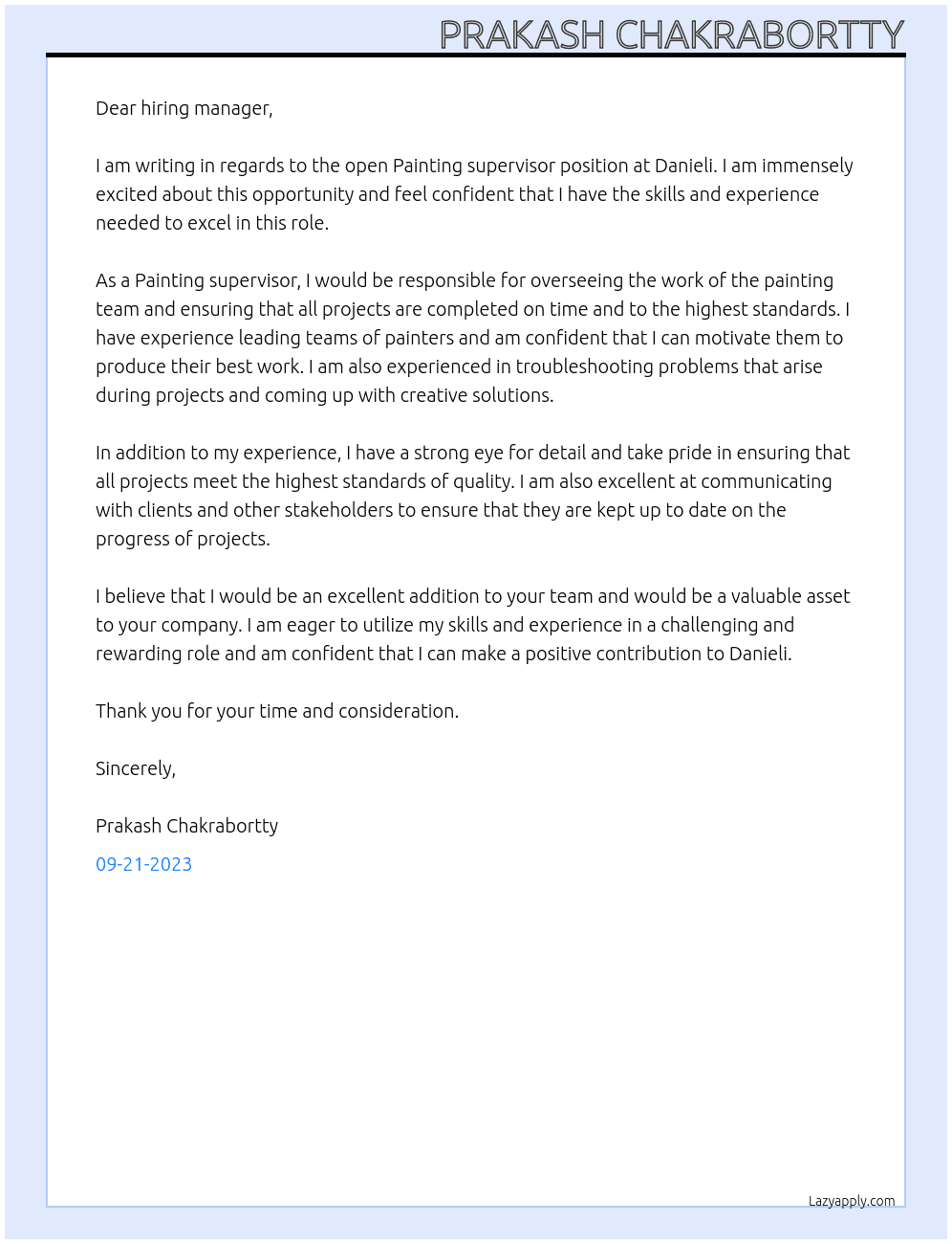 Painting supervisor At danieli Cover Letter