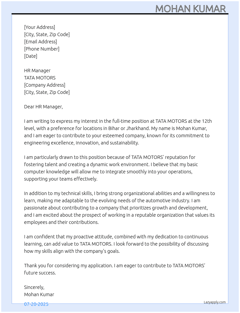 Cover letter for 12th level - LazyApply