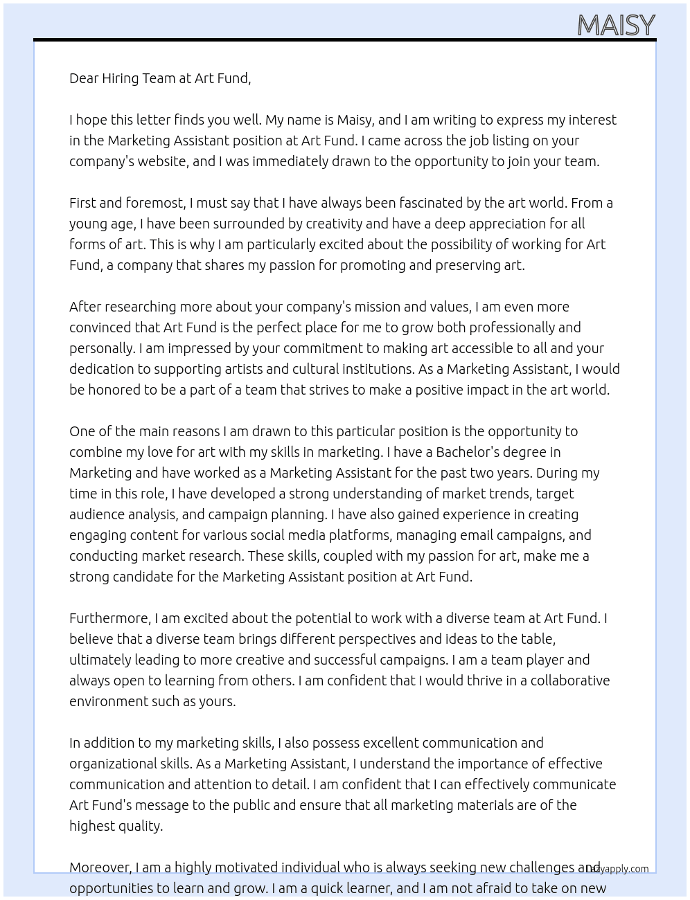 Marketing Assistant  At Art Fund Cover Letter