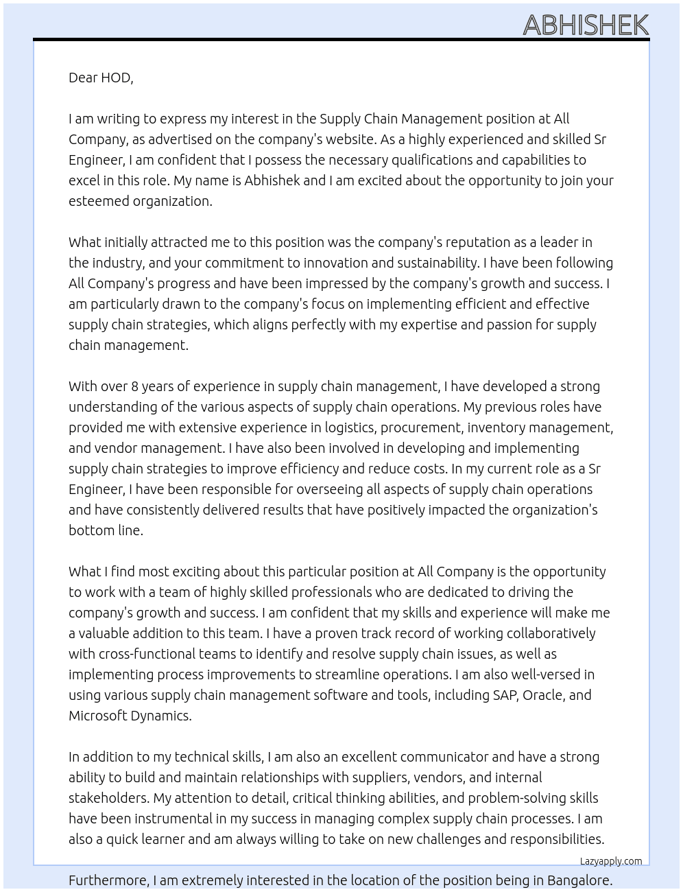 Supply chain management At all Cover Letter