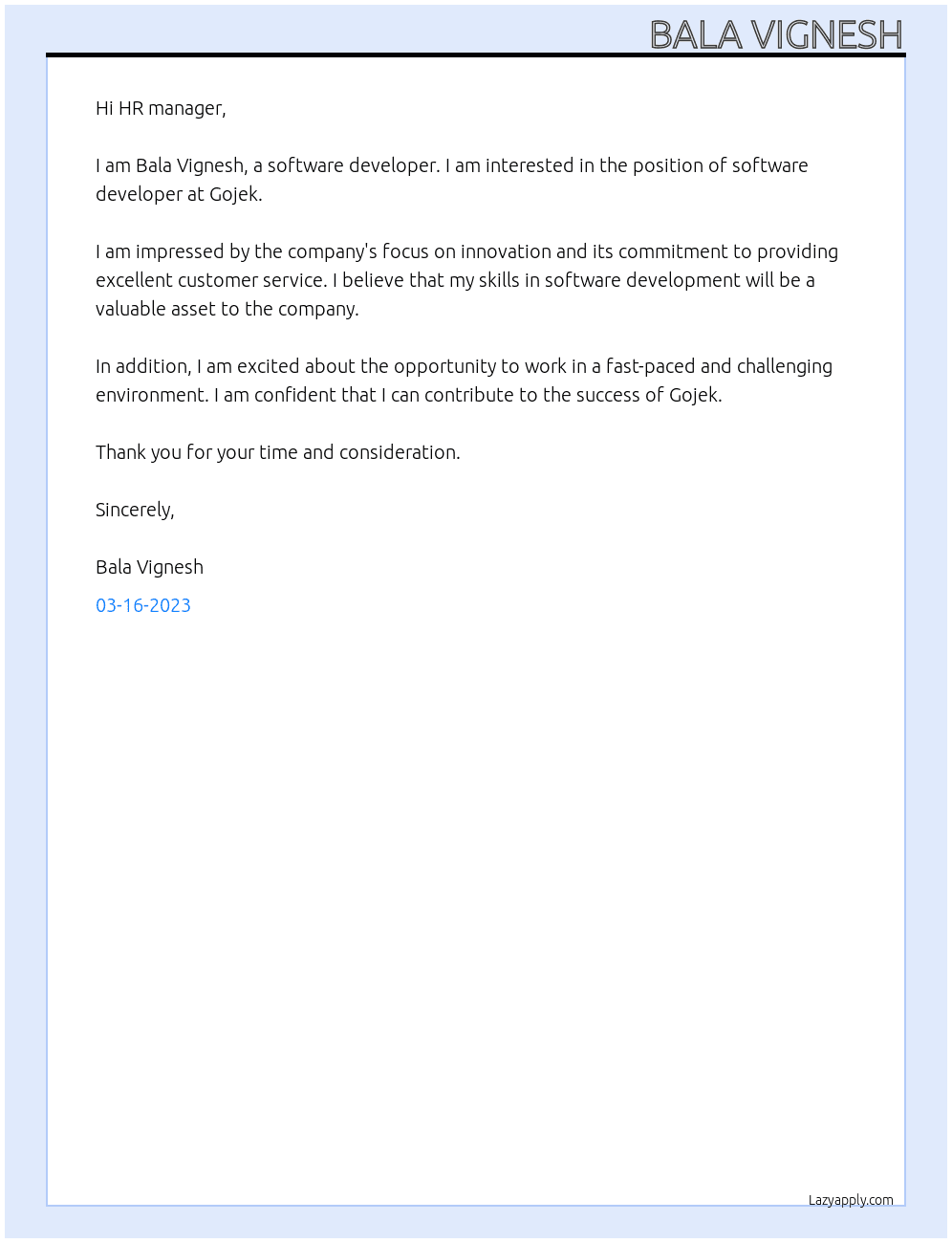 Software developer At Gojek Cover Letter