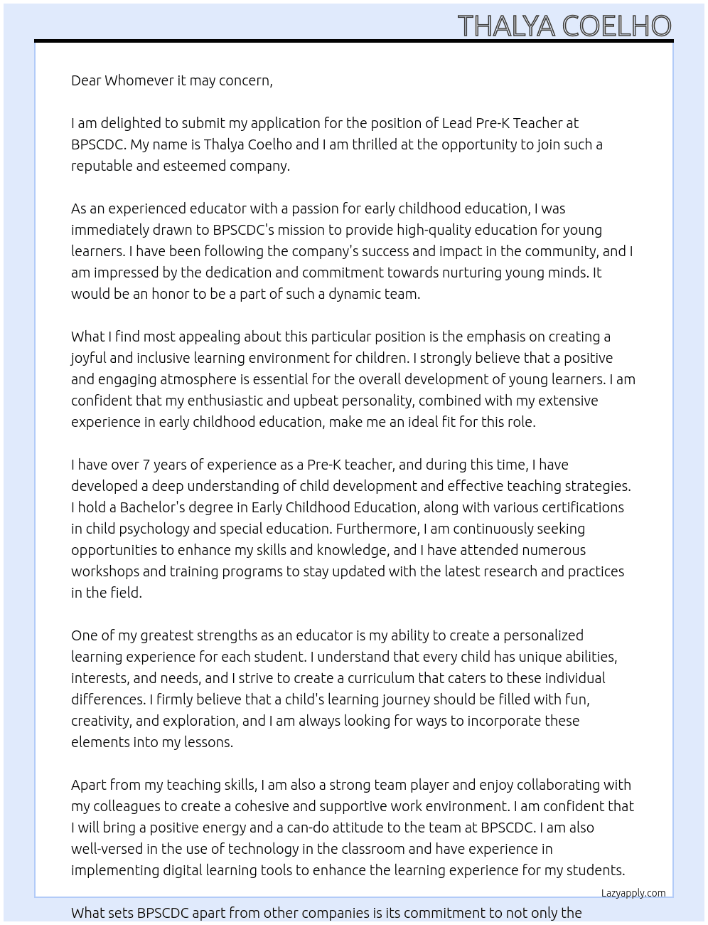 Lead Pre- K Teacher At BPSCDC Cover Letter
