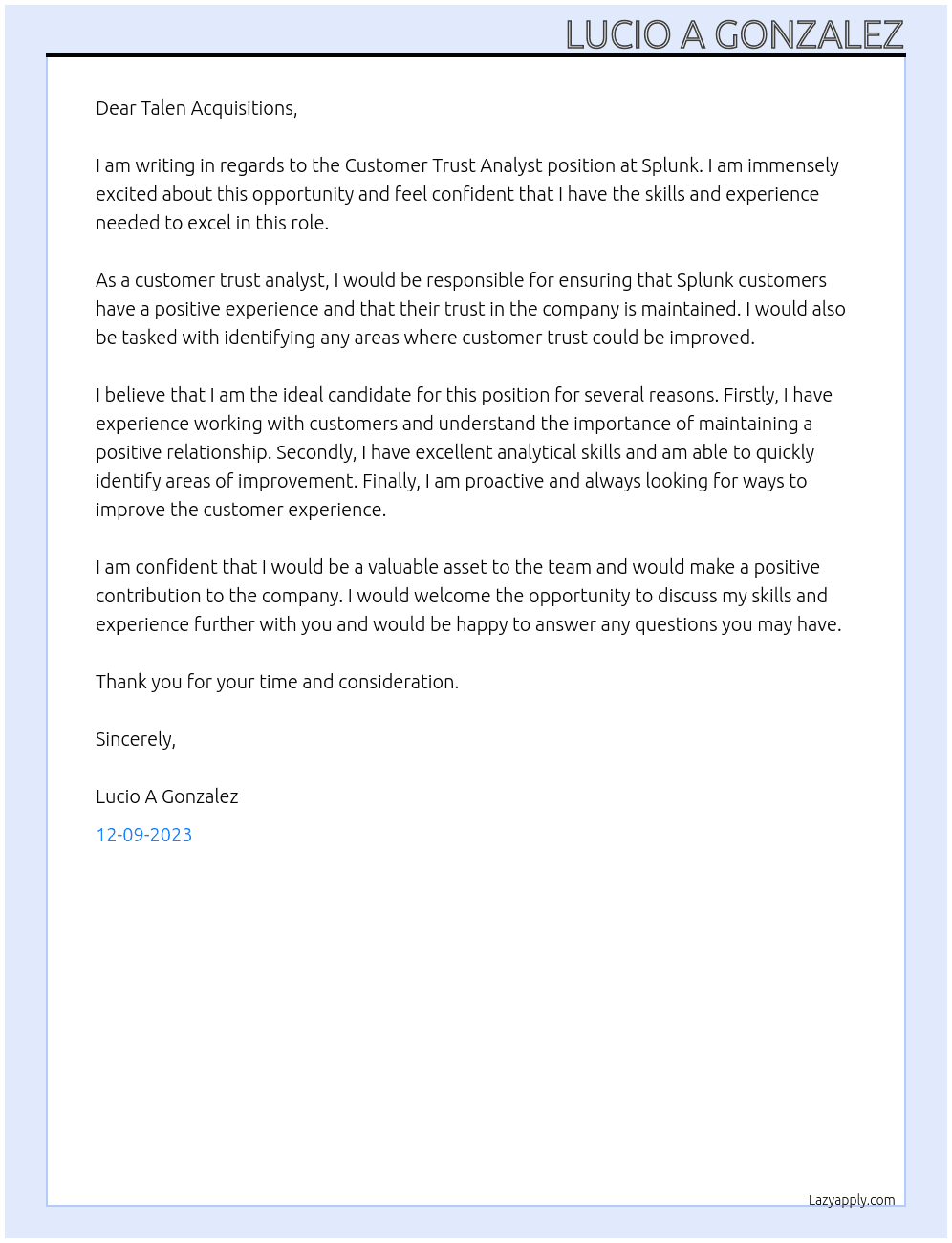 Customer Trust Analyst  At Splunk Cover Letter