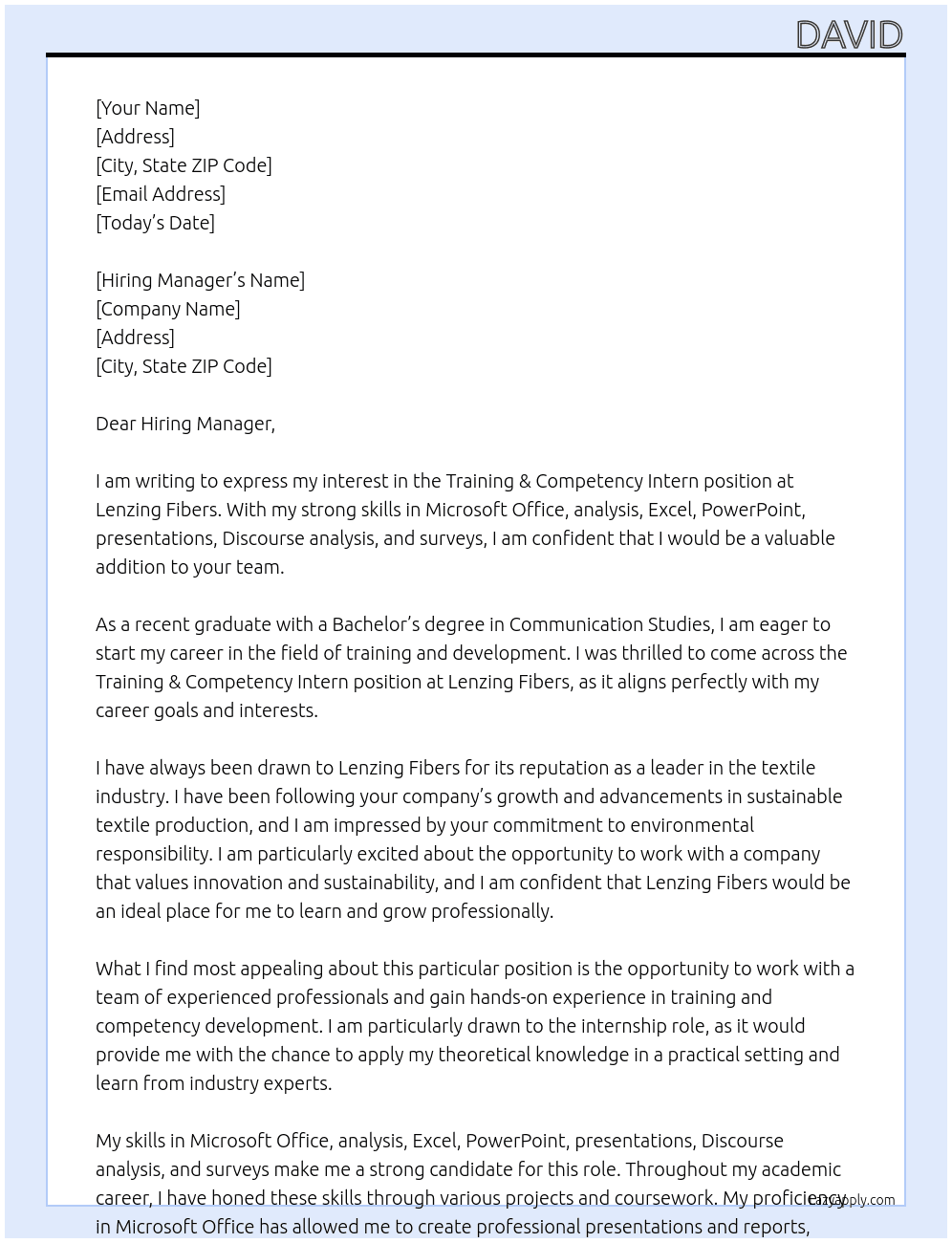 Training & Competency Intern At Lenzing Fibers Cover Letter