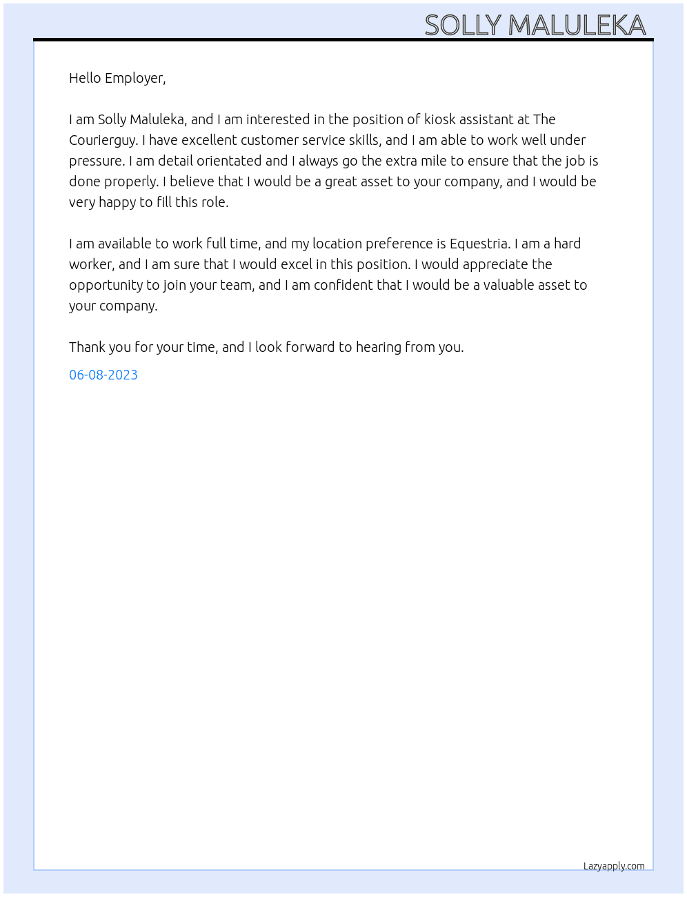 Kiosk assistant  At The Courierguy Cover Letter