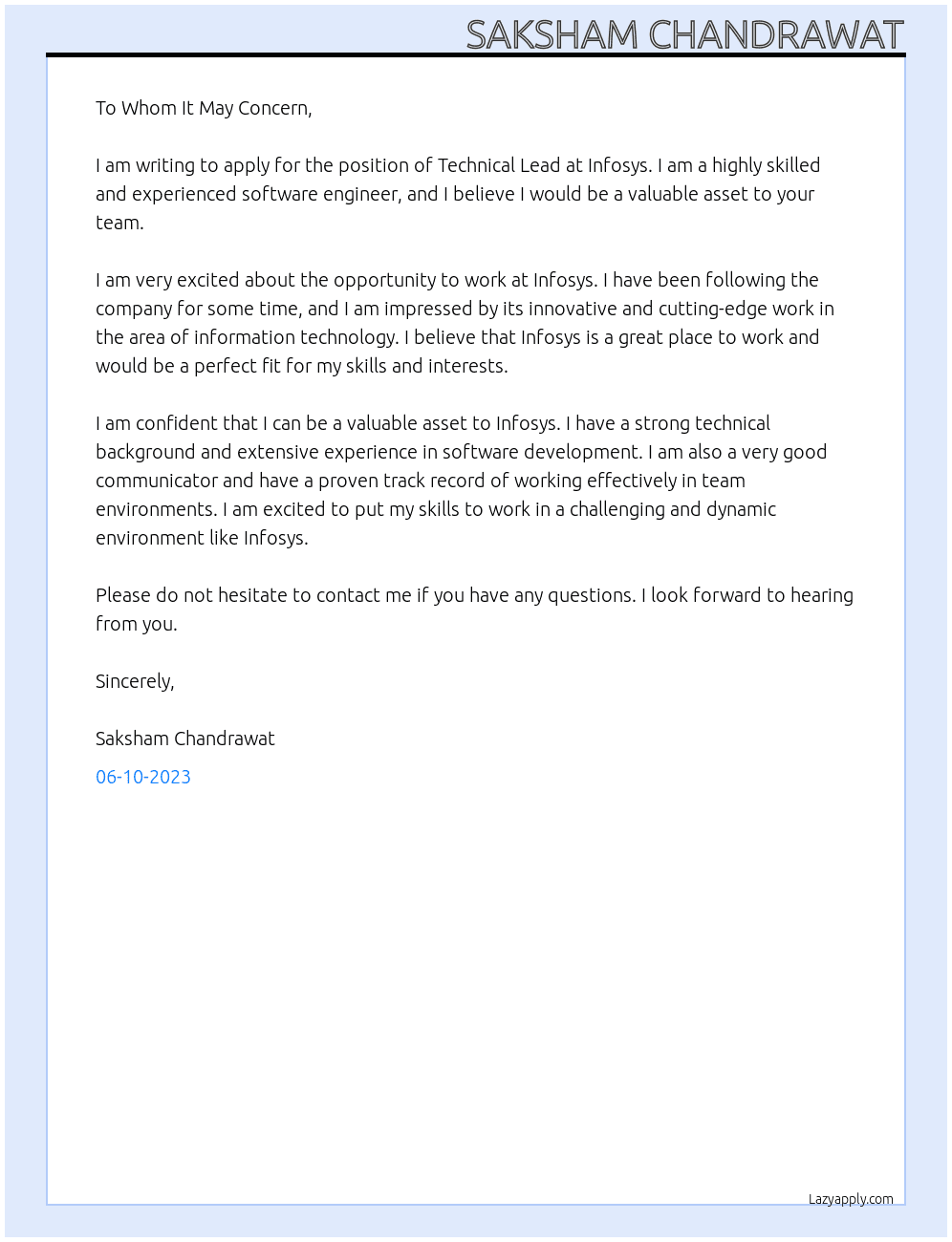 Technical Lead At Infosys  Cover Letter