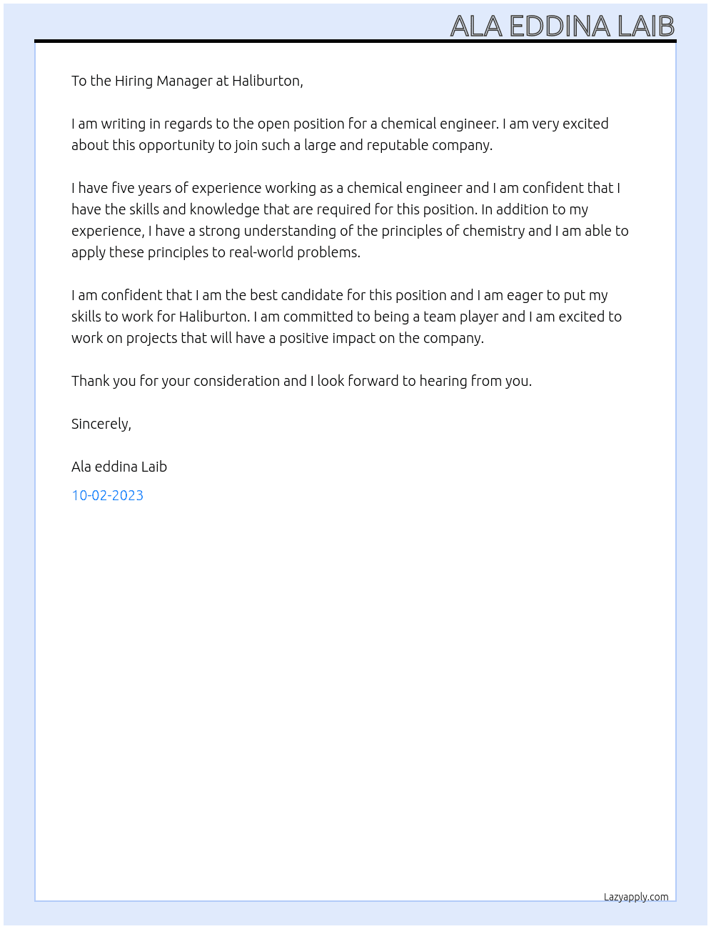 chemical engineer At Haliburton Cover Letter