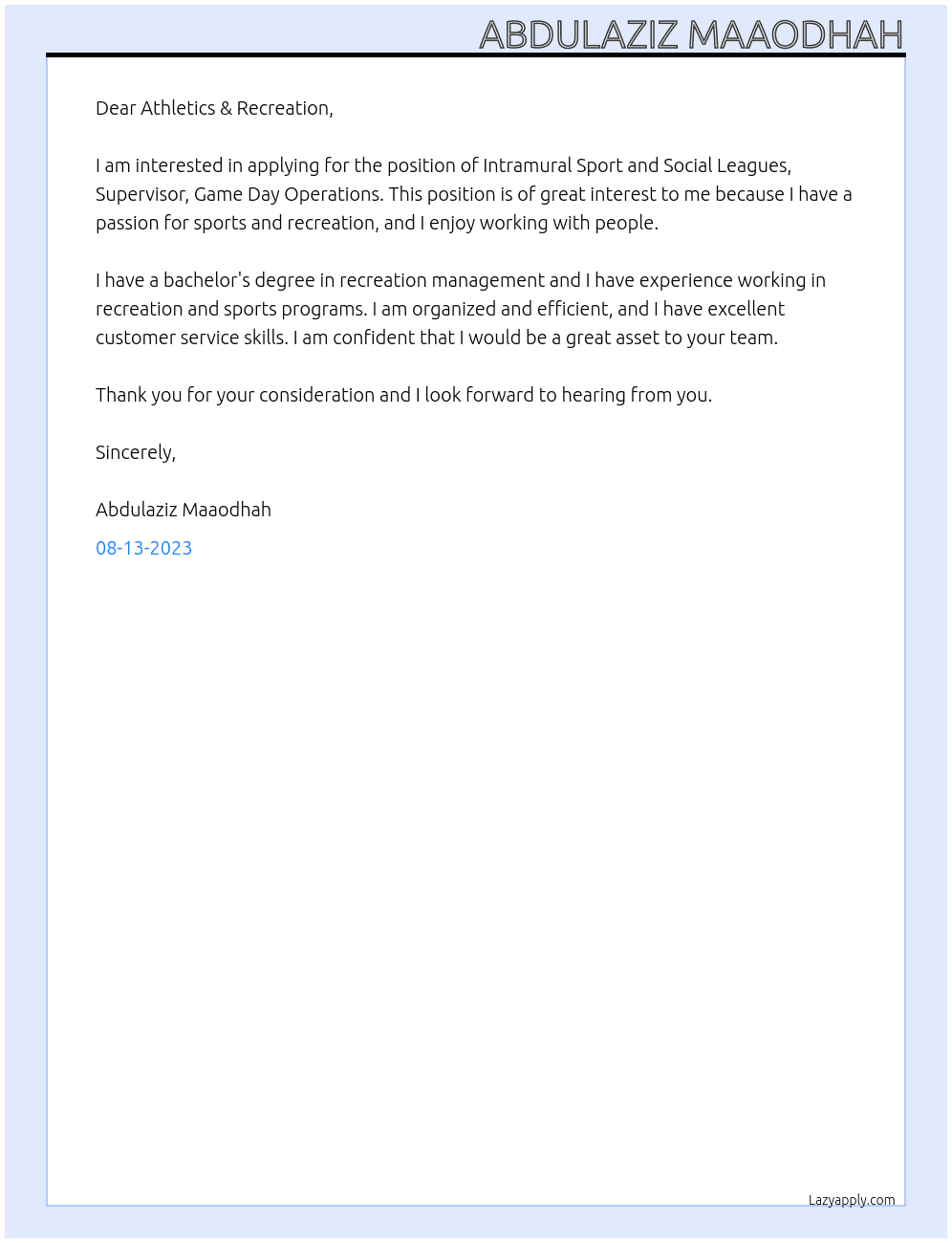 Intramural Sport and Social Leagues, Supervisor, Game Day Operations At Athletics & Recreation Cover Letter