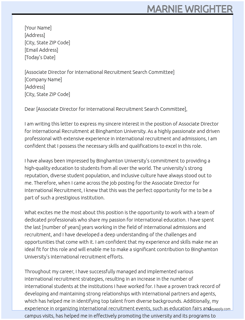 Associate Director for International  Recruitment  At Binghamton University Cover Letter