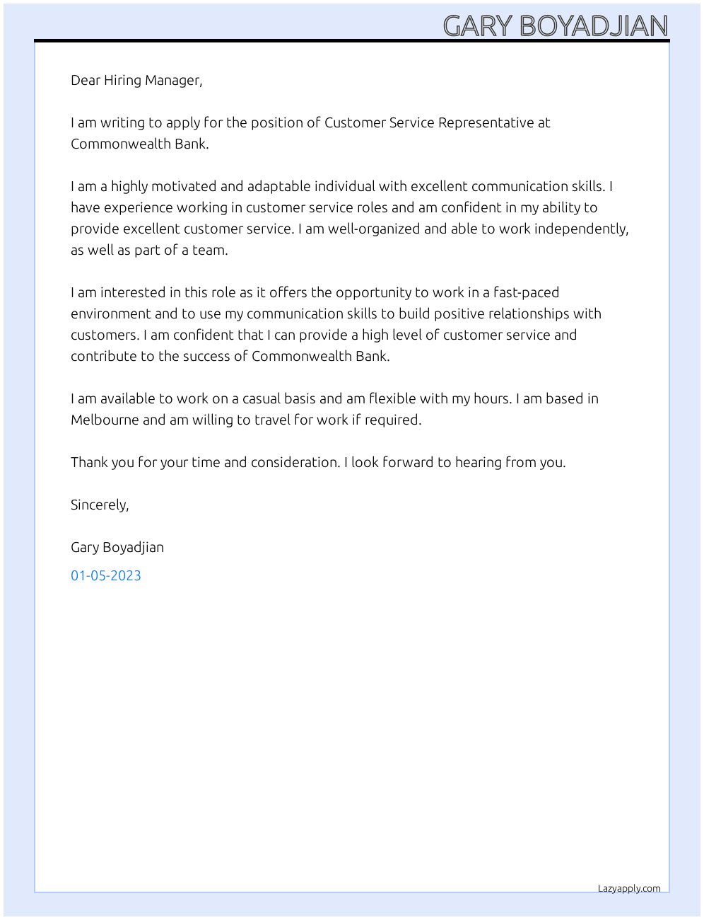 Customer service represenative At Commonwealth Bank Cover Letter