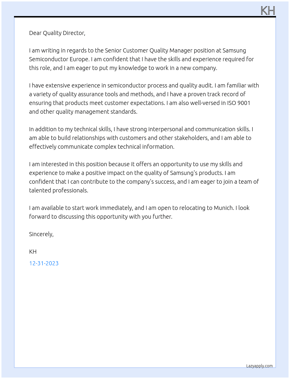 Senior Customer Quality Manager At Samsung Semiconductor Europe Cover Letter